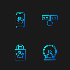 Set line Hamster wheel, Shopping bag pet, Veterinary clinic and Collar with name tag. Gradient color icons. Vector