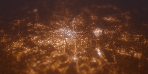 Obraz premium Street lights map of Frankfurt (Germany) with tilt-shift effect, view from west. Imitation of macro shot with blurred background. 3d render, selective focus