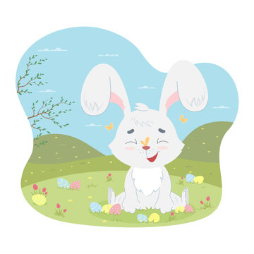 Rabbit with a butterfly on his nose with Easter eggs. Easter character with butterflies in the spring meadow. Cute seasonal vector illustration in flat cartoon style.