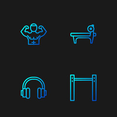 Set line Horizontal bar, Headphones, Bodybuilder muscle and Bench with barbel. Gradient color icons. Vector