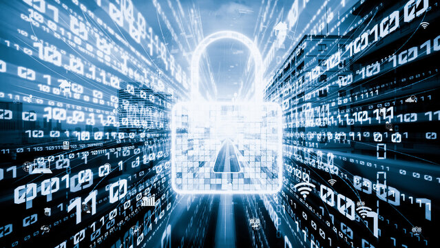 Cyber security and online data protection with tacit secured encryption software . Concept of smart digital transformation and technology disruption that changes global trends in new information era .