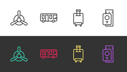 Set line Plane propeller, Airport bus, Suitcase and Passport with ticket on black and white. Vector