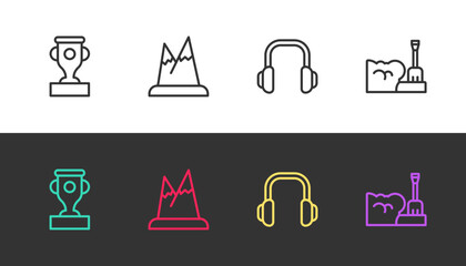 Set line Award cup, Mountains, Winter headphones and Shovel snowdrift on black and white. Vector