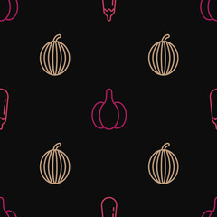 Set line Eggplant, Watermelon and Garlic on seamless pattern. Vector