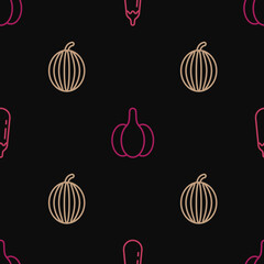 Set line Eggplant, Watermelon and Garlic on seamless pattern. Vector