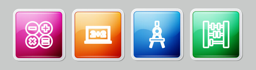 Set line Calculator, Chalkboard, Drawing compass and Abacus. Colorful square button. Vector