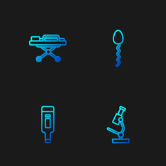 Set line Microscope, Digital thermometer, Stretcher and Sperm. Gradient color icons. Vector