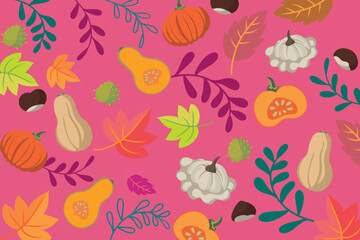 Autumn vegetables and leaves doodle background - flat design banner vibrant colors - floral seasons design