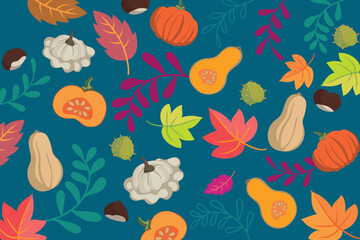 Autumn vegetables and leaves doodle background - flat design banner vibrant colors - floral seasons design