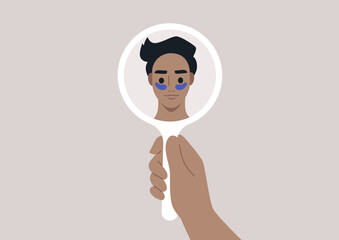 A young male Caucasian character wearing beauty eye patches and looking at their reflection in the mirror, self love and confidence, daily skin routine