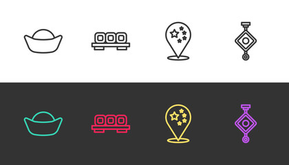 Set line Sushi, on cutting board, China flag and Chinese paper lantern on black and white. Vector