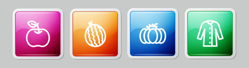 Set line Apple, Watermelon, Pumpkin and Raincoat. Colorful square button. Vector