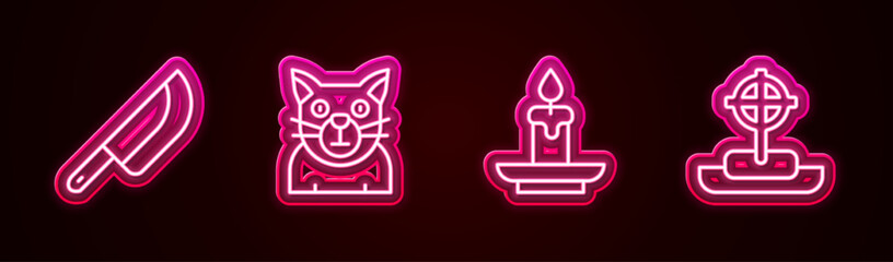 Set line Knife, Cat, Burning candle and Tombstone with cross. Glowing neon icon. Vector