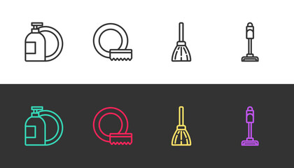 Set line Dishwashing liquid bottle, Washing dishes, Handle broom and Vacuum cleaner on black and white. Vector