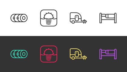 Set line Blanket roll, Sunrise, Rv Camping trailer and Bed on black and white. Vector