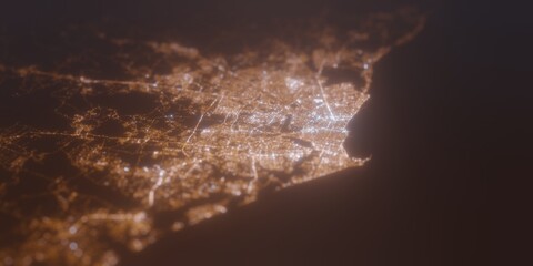 Street lights map of Fortaleza (Brazil) with tilt-shift effect, view from east. Imitation of macro shot with blurred background. 3d render, selective focus