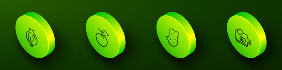 Set Isometric line Garlic, Peach fruit or nectarine, Potato and Cutting board with vegetables icon. Vector