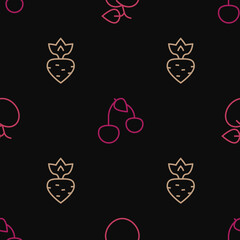 Set line Peach fruit or nectarine, Turnip and Cherry on seamless pattern. Vector