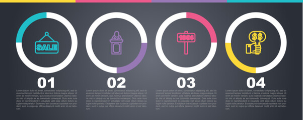 Set line Price tag with Sale, Auction auctioneer sells, Hand holding paddle and . Business infographic template. Vector