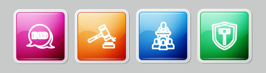 Set line Bid, Auction hammer, auctioneer sells and . Colorful square button. Vector