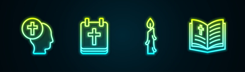 Obraz premium Set line Priest, Calendar with Easter, Burning candle and Holy bible book. Glowing neon icon. Vector