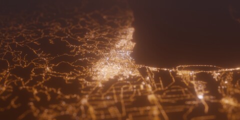Street lights map of Bujumbura (Burundi) with tilt-shift effect, view from north. Imitation of macro shot with blurred background. 3d render, selective focus