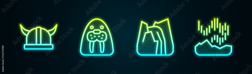 Poster Set line Viking in horned helmet, Walrus animal, Waterfall and Northern lights. Glowing neon icon. Vector