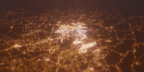 Street lights map of Meknes (Morocco) with tilt-shift effect, view from east. Imitation of macro shot with blurred background. 3d render, selective focus