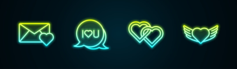 Set line Envelope with Valentine heart, Speech bubble text I love you, Two Linked Hearts and wings. Glowing neon icon. Vector