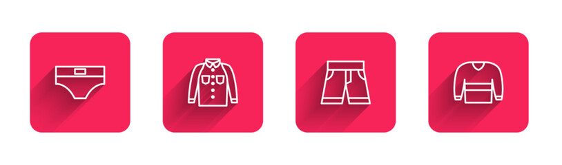 Set line Men underpants, Shirt, Short or and Sweater with long shadow. Red square button. Vector