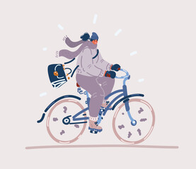 Fototapeta na wymiar Cartoon vector illustration of woman riding bike Autumn outdoor activities.