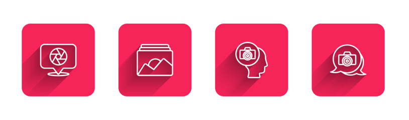 Set line Camera shutter, Photo frame, camera and with long shadow. Red square button. Vector