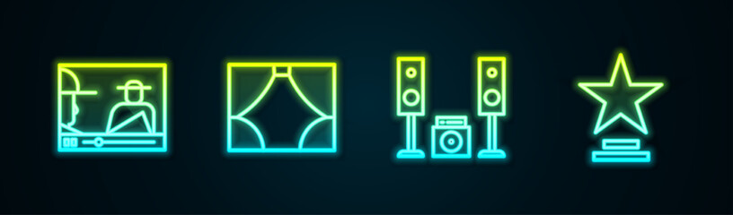 Set line Online play video, Curtain, Home stereo with two speakers and Movie trophy. Glowing neon icon. Vector