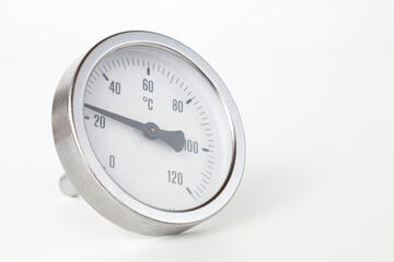 round thermometer, for measuring temperature in water systems, close-up on a white background