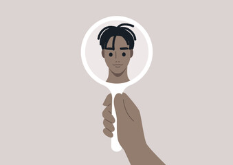 A young male African character looking at their reflection in the mirror, self love and confidence