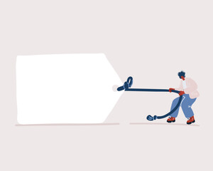 Cartoon vector illustration of black woman pulling blank banner. Place for text. Copy paste