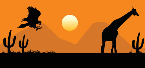 illustration of an eagle and a giraffe with a mountain view in the afternoon with a blend of orange and yellow colors.