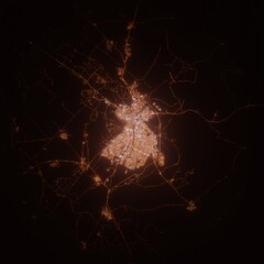 Kirkuk (Iraq) street lights map. Satellite view on modern city at night. Imitation of aerial view on roads network. 3d render