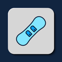 Filled outline Snowboard icon isolated on blue background. Snowboarding board icon. Extreme sport. Sport equipment. Vector
