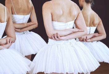 Ballet, dance and art with back of women on stage for performance, theatre and training. Creative,...