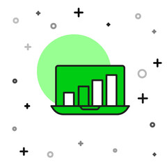 Filled outline Laptop with graph chart icon isolated on white background. Report text file icon. Accounting sign. Audit, analysis, planning. Vector