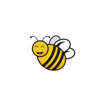 Cute cartoon smiling bee vector illustration. Character yellow honey bee with black stripes logo. Flat style stylish illustration on white background. Bumblebee or bee with laughing face.