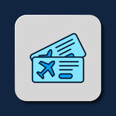 Filled outline Airline ticket icon isolated on blue background. Plane ticket. Vector