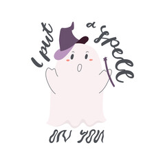 Cute ghost magician with a wand with brush calligraphy I put a spell on you. Halloween hand drawn vector illustration.