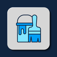 Filled outline Paint bucket with brush icon isolated on blue background. Vector
