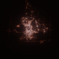 Hofuf (Saudi Arabia) street lights map. Satellite view on modern city at night. Imitation of aerial view on roads network. 3d render