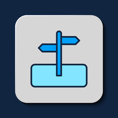 Filled outline Road traffic sign. Signpost icon isolated on blue background. Pointer symbol. Isolated street information sign. Direction sign. Vector