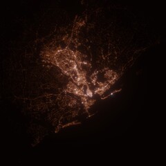 Charleston (South Carolina, USA) street lights map. Satellite view on modern city at night. Imitation of aerial view on roads network. 3d render