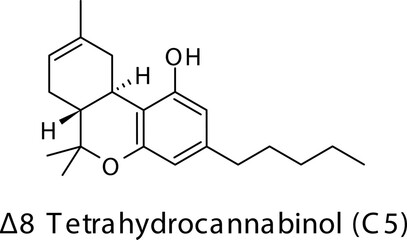 Δ8-Tetrahydrocannabinol molecular structure on white background. Pharmaceutical natural compound skeletal formula.