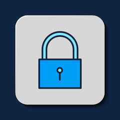 Filled outline Lock icon isolated on blue background. Padlock sign. Security, safety, protection, privacy concept. Vector